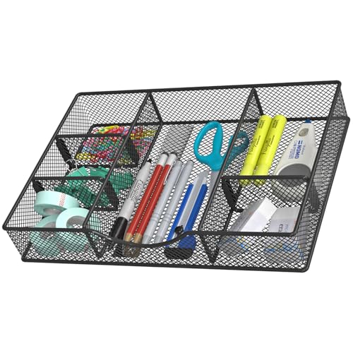 VyGrow Desk Drawer Organizer Tray, Metal Mesh Drawer Organizers Office, 6 Adjustable Compartment, Desk Organizer Tray for Home Office 12 x 8.26 x 1.96 inch, Black, 1 Pack - Image 1