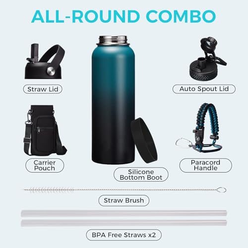 VICKNIY 32 40 64OZ Insulated Water Bottle - Keep Cold 48H Hot 24H, Combo Straw & Spout Lids, Survival Paracord Handle, Bottle Carrier Bag w/Strap, Protective Cup Mat, Stainless Steel Flask Jug - Image 3