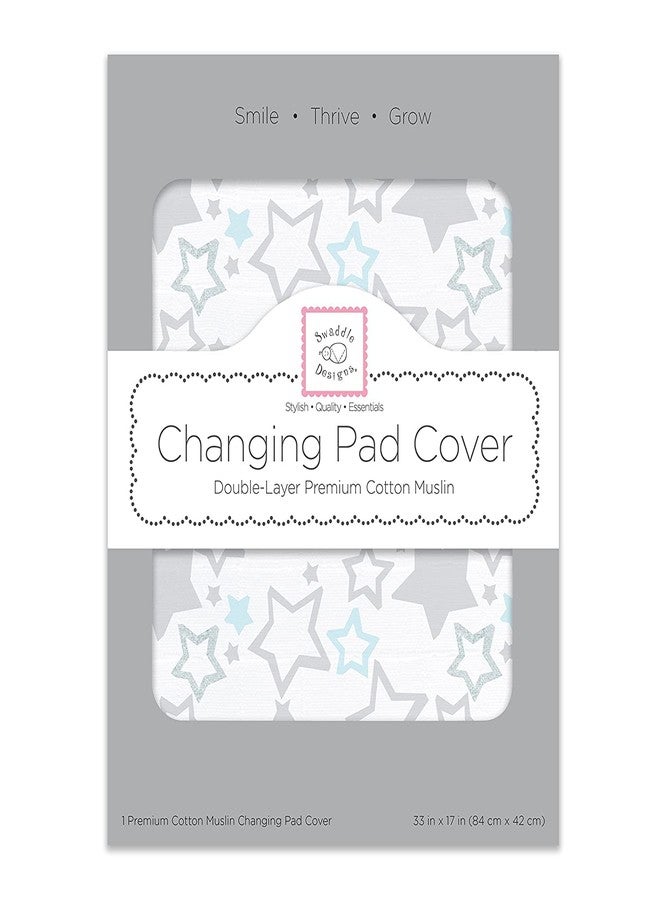 SwaddleDesigns Softest Cotton Muslin Changing Pad Cover, Pastel Blue & Sterling Starshine - Image 1