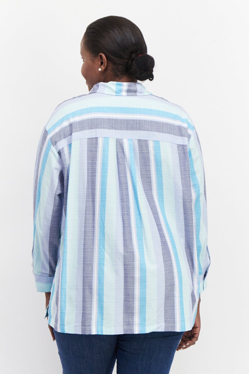 ANNE KLEIN Women Plus Size Spread Neck Long Sleeves Stripe Shirt, Blue  - Image 2