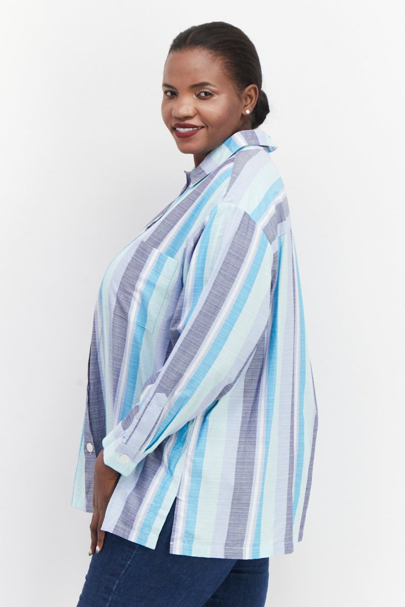 ANNE KLEIN Women Plus Size Spread Neck Long Sleeves Stripe Shirt, Blue  - Image 4