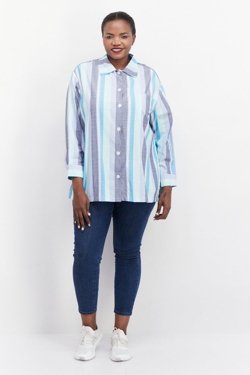 ANNE KLEIN Women Plus Size Spread Neck Long Sleeves Stripe Shirt, Blue  - Image 3