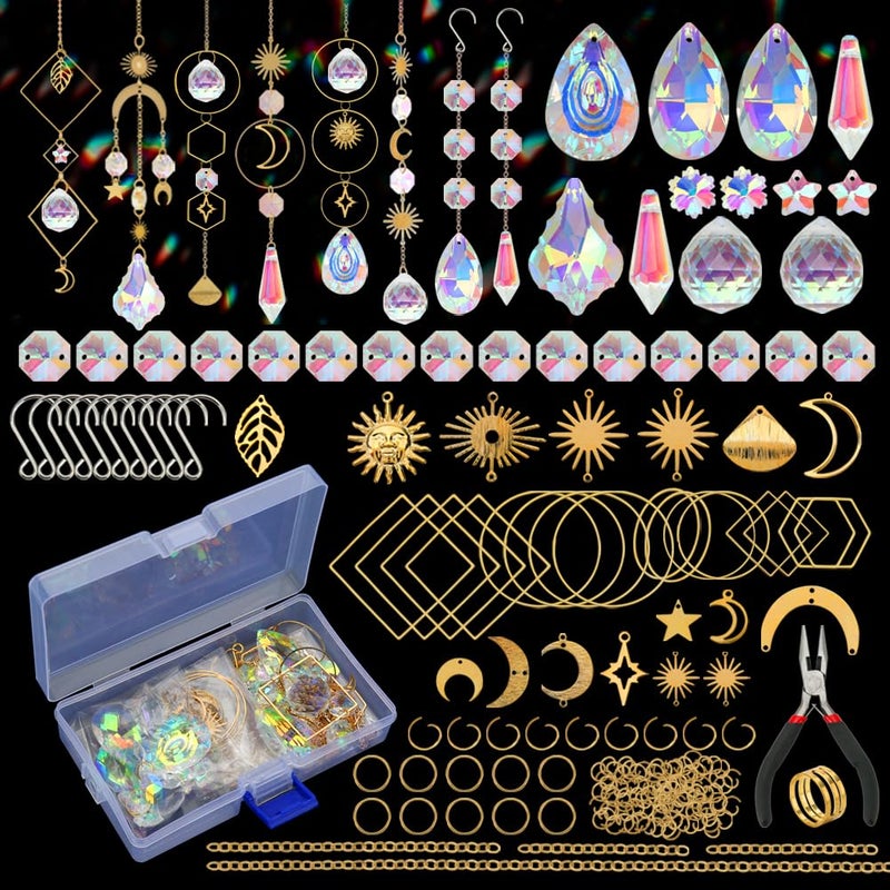 HYBEADS 200 pcs DIY Sun Catchers Making Kits Craft for Adults Crystal Suncatchers Supplies Stained Glass Window Hanging Prism Indoor Outdoor Garden Xmas Decor with Rainbow Maker Pendants Chains - Image 1