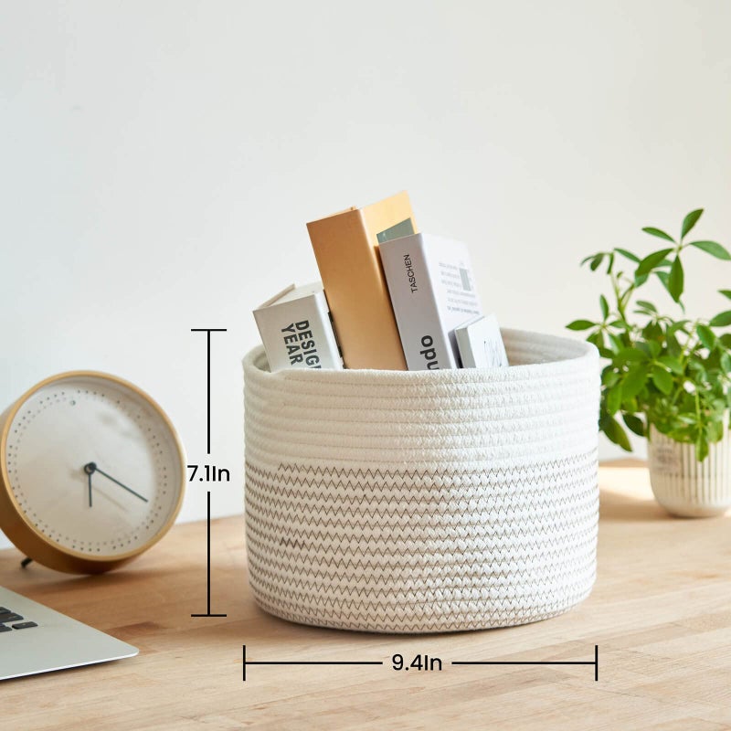 INDRESSME Small Rope Basket Round Woven Storage Baskets Cute Dog Toy Basket Cotton Baskets Baby Nursery Hamper Shelf Decorative Bin for Keys Gift 9.4 x 9.4 x 7.1 inches - Image 5