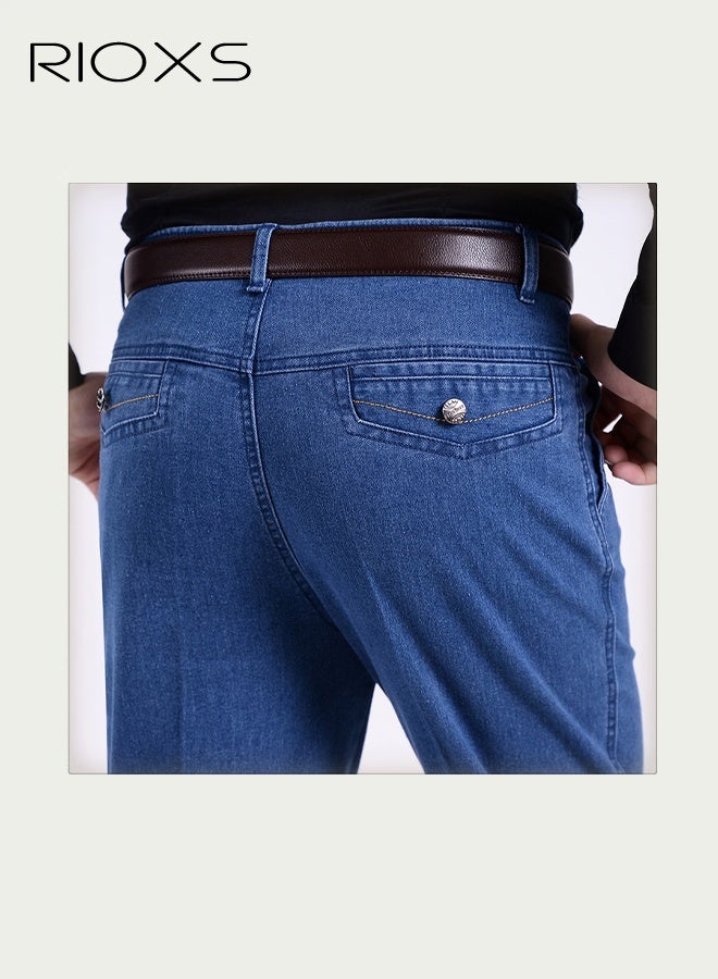 RIOXS Men's Light Blue Jeans, Summer Thin Washed Denim Pants, High Waist Loose Fit Stretch Business Casual Trousers, Elastic Comfort Office Work Pants for Men, Breathable Stretchable Men's Trousers, Spring Summer Essential Wardrobe​ - Image 4