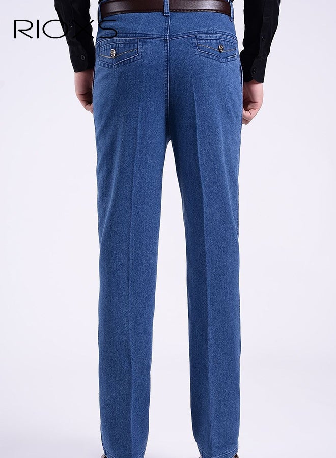 RIOXS Men's Light Blue Jeans, Summer Thin Washed Denim Pants, High Waist Loose Fit Stretch Business Casual Trousers, Elastic Comfort Office Work Pants for Men, Breathable Stretchable Men's Trousers, Spring Summer Essential Wardrobe​ - Image 3