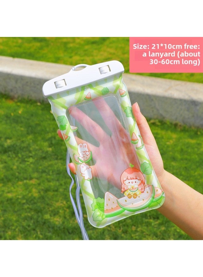 general Mobile Phone Waterproof Bag Touch Screen Sealed Cute Cartoon Airbag Waterproof Bag Diving Swimming Mobile Phone Hanging Bag-Color:Green Watermelon Girl 】 - Image 1
