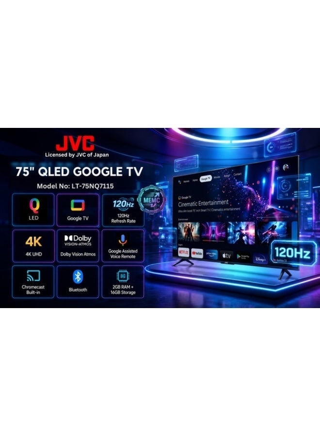 JVC 75 Inch Edgeless QLED 4K UHD Google Smart TV | 120Hz Refresh Rate | Google Assistant Voice Remote | Dolby Vision Atmos | Quad-Core Processor | Built-in Chromecast | Bluetooth - LT-75NQ7115 LT-75NQ7115 Black - Image 2