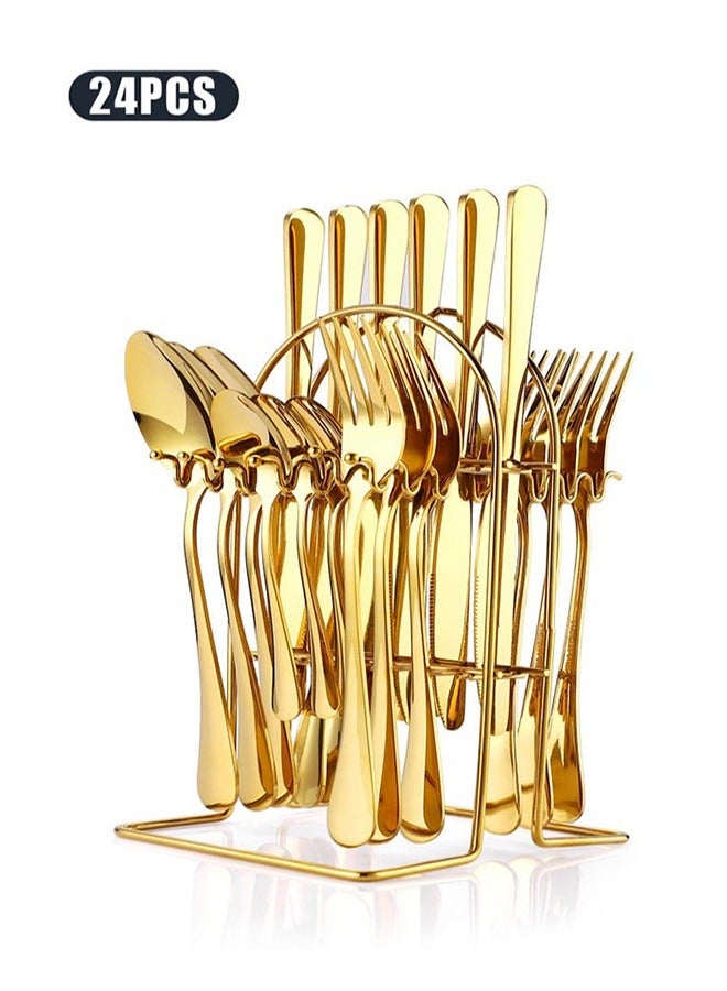 رولستيمي 24 قطع أطباق مجموعة ، الفولاذ المقاوم للصدأ أطباق السكاكين مجموعة ، الفضيات مجموعة مع ملعقة سكين وشوكة ، مرآة مصقول ، غسالة صحون آمنة ، مع شنقا السكاكين - Image 1