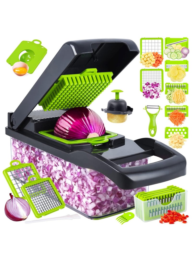 قطاعة خضروات 16 في 1 متعددة الاستخدام – قطاعة بصل وخضار مع حاوية وأدوات تقطيع مختلفة – قطاعة يدوية للخضار والفواكه والجبن والسلطة – ملحقات مطبخ متكاملة - Image 1