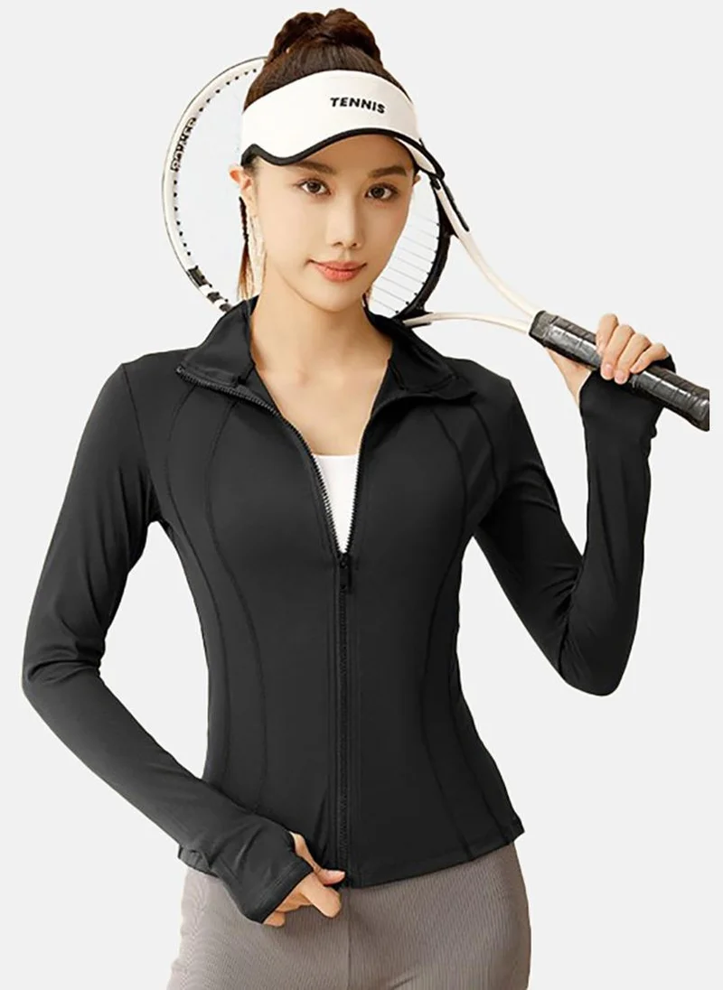 YUNIQEE Black Solid Slim Fit High Neck Jacket
