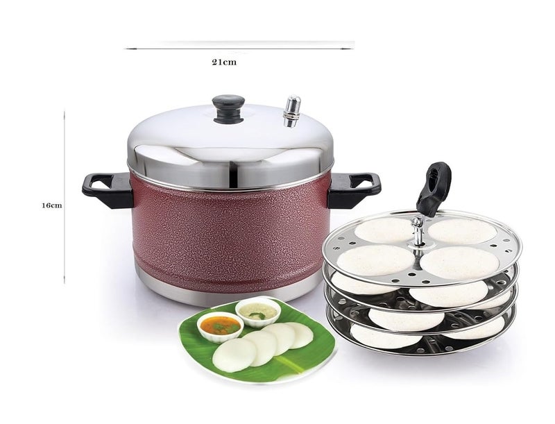 KLASSI KICHEN Stainless Steel Idly Cooker Induction and Gas Stove Compatible Idli Maker Silver 16 Idlies 4Plates Red - Image 3