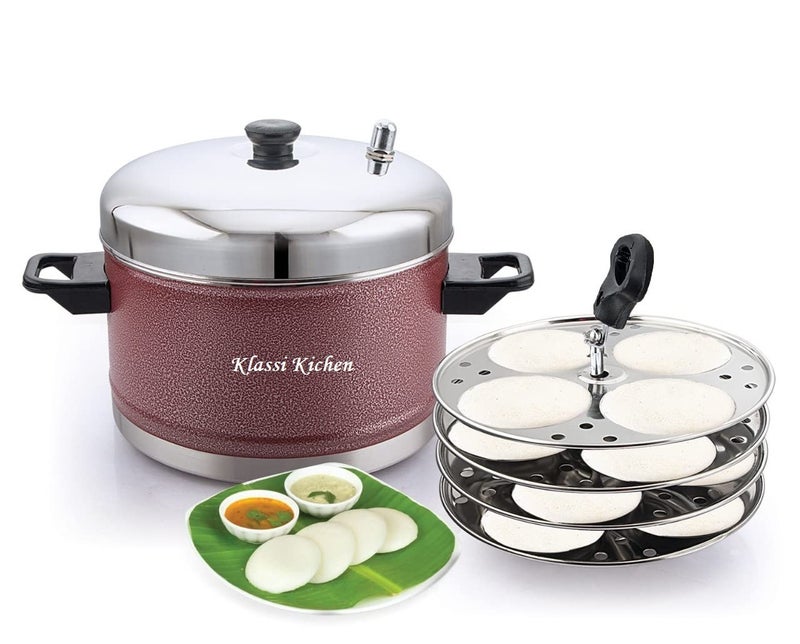 KLASSI KICHEN Stainless Steel Idly Cooker Induction and Gas Stove Compatible Idli Maker Silver 16 Idlies 4Plates Red - Image 1
