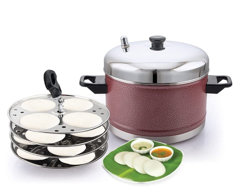 KLASSI KICHEN Stainless Steel Idly Cooker Induction and Gas Stove Compatible Idli Maker Silver 16 Idlies 4Plates Red - Image 2
