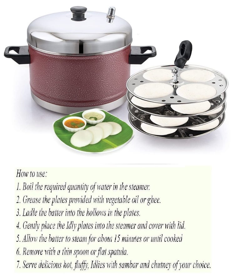 KLASSI KICHEN Stainless Steel Idly Cooker Induction and Gas Stove Compatible Idli Maker Silver 16 Idlies 4Plates Red - Image 5