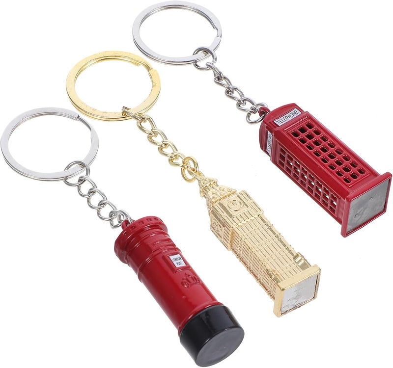 3pcs London Souvenir Keychain Set with Realistic Big Clock Telephone Booth Mailbox Models British Luggage Charms for Backpack Bag and Purse Decoration - Image 1