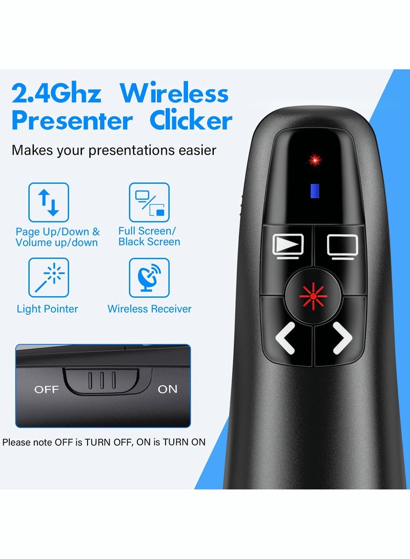 Rechargeable Presentation Clicker with 2-in-1 USB Type C, Wireless Presenter Remote Clicker for PowerPoint Presentations, Pointer RF 2.4GHz USB PowerPoint Clicker Slide Advancer with Volume Control