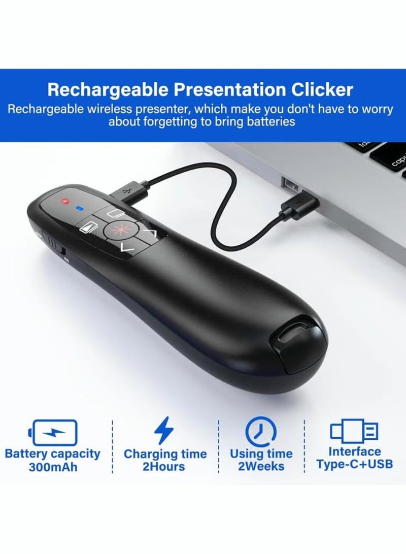Rechargeable Presentation Clicker with 2-in-1 USB Type C, Wireless Presenter Remote Clicker for PowerPoint Presentations, Pointer RF 2.4GHz USB PowerPoint Clicker Slide Advancer with Volume Control