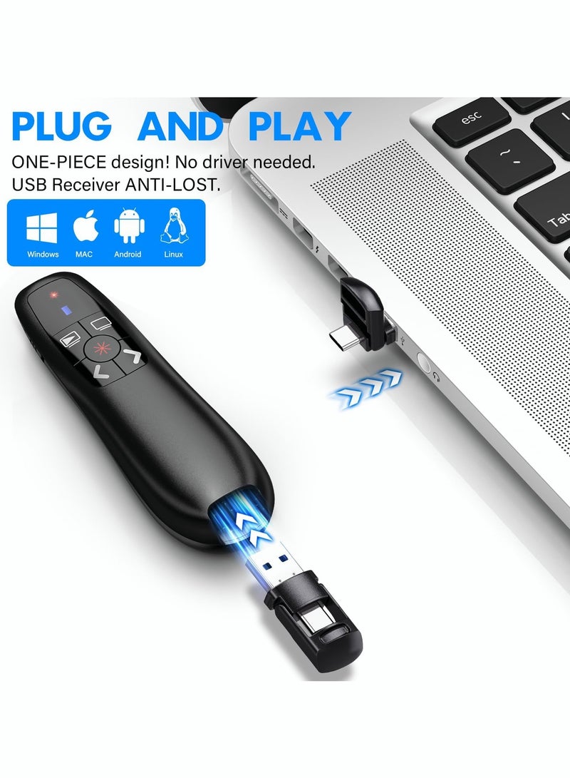 Rechargeable Presentation Clicker with 2-in-1 USB Type C, Wireless Presenter Remote Clicker for PowerPoint Presentations, Pointer RF 2.4GHz USB PowerPoint Clicker Slide Advancer with Volume Control