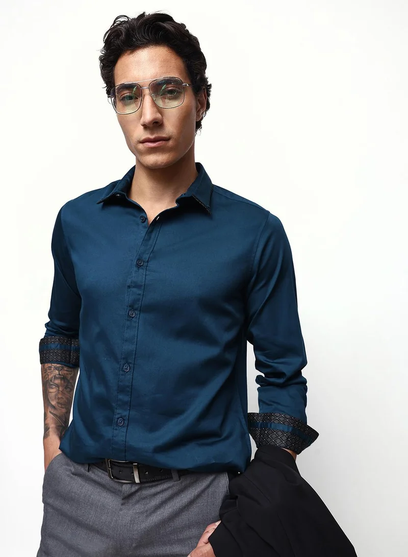 Men's Dark Teal Cotton Blend Casual Button Down Regular Fit Shirt