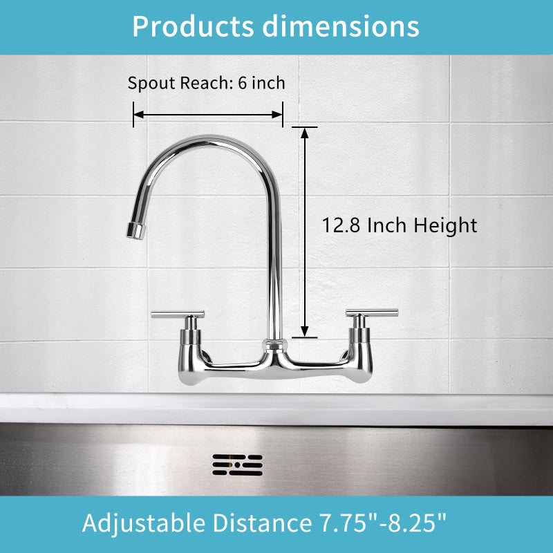 TNROTED 8 Inch Center Wall Mounted Kitchen Faucet  Commercial Sink Faucet with 6"" Gooseneck Swivel Spout 2 Handle Utility Faucet for Home Restaurant Compartment Sink - Image 2