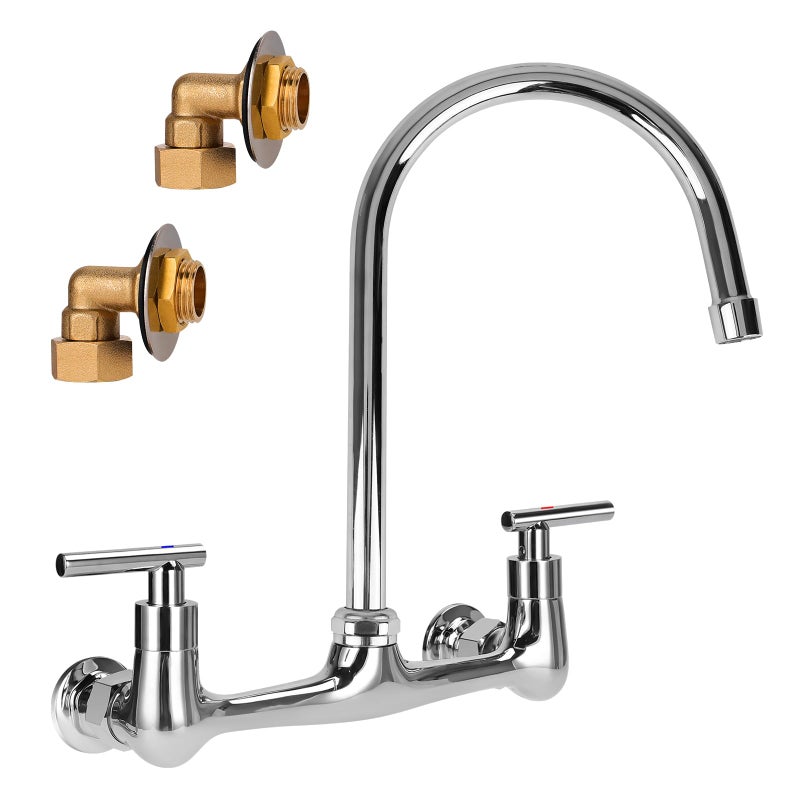 TNROTED 8 Inch Center Wall Mounted Kitchen Faucet  Commercial Sink Faucet with 6"" Gooseneck Swivel Spout 2 Handle Utility Faucet for Home Restaurant Compartment Sink - Image 1