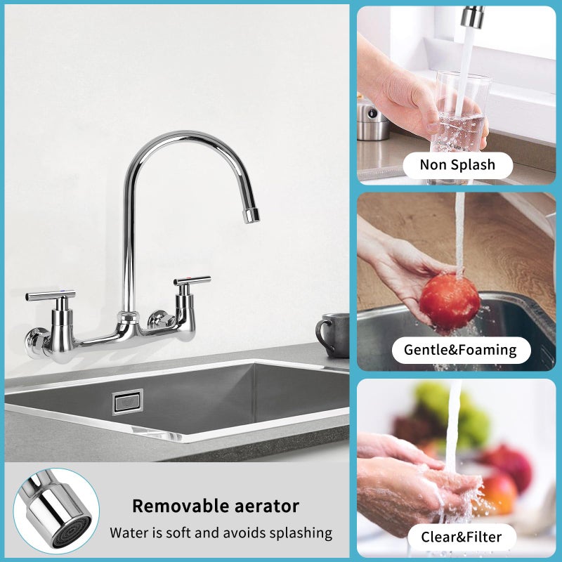 TNROTED 8 Inch Center Wall Mounted Kitchen Faucet  Commercial Sink Faucet with 6"" Gooseneck Swivel Spout 2 Handle Utility Faucet for Home Restaurant Compartment Sink - Image 5