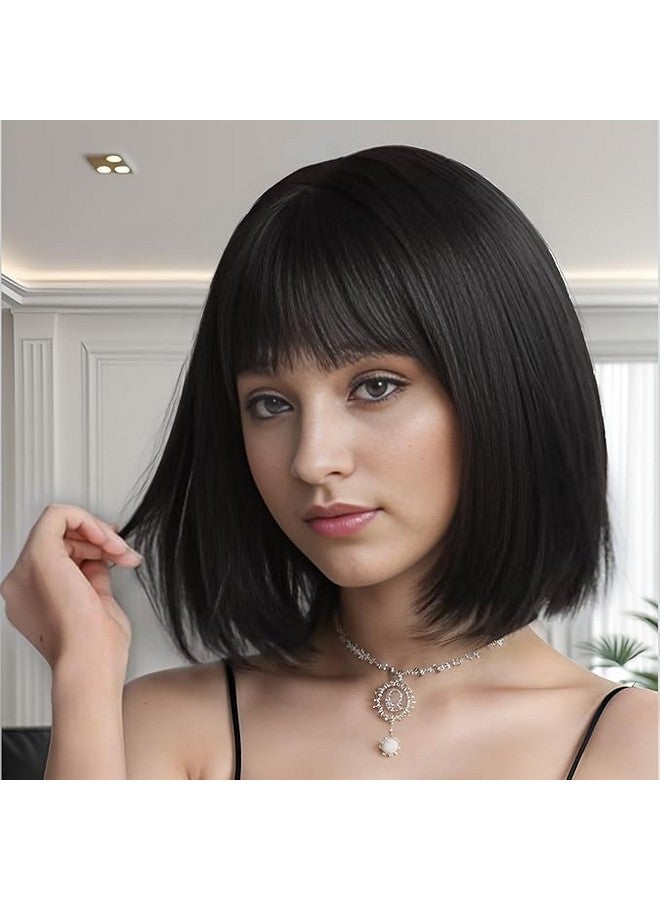 Thrift Bazaar Natural Black Short Bob Hair Wigs for Women With Bangs 12inch Straight Synthetic Cosplay Halloween Party Wig For Girls Daily Use Colorful Hair Wigs - Image 2