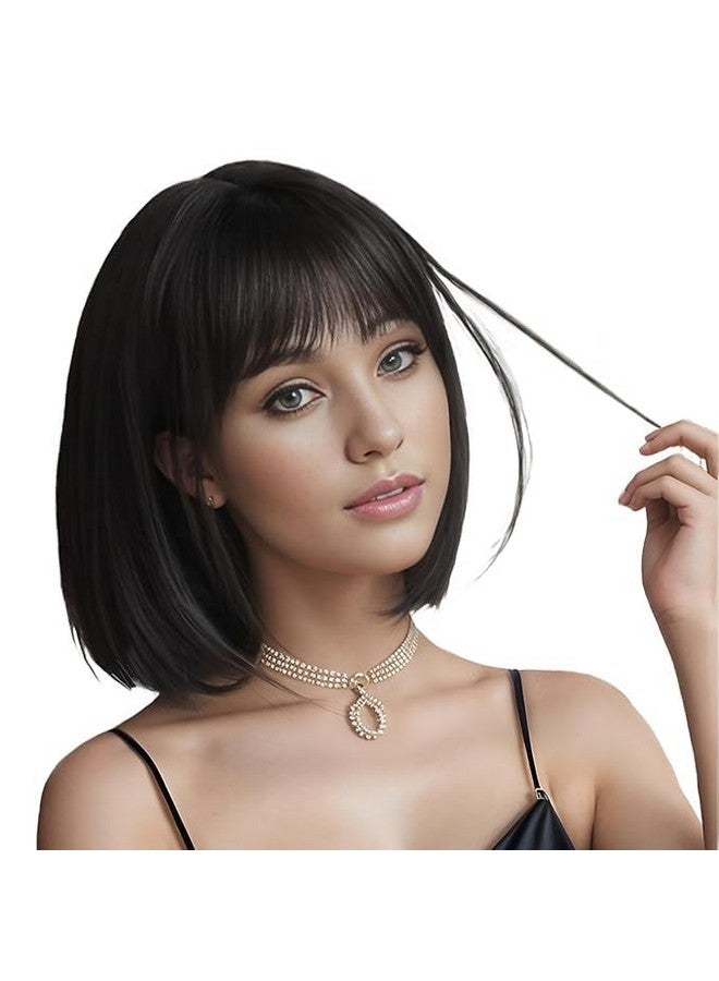 Thrift Bazaar Natural Black Short Bob Hair Wigs for Women With Bangs 12inch Straight Synthetic Cosplay Halloween Party Wig For Girls Daily Use Colorful Hair Wigs - Image 1