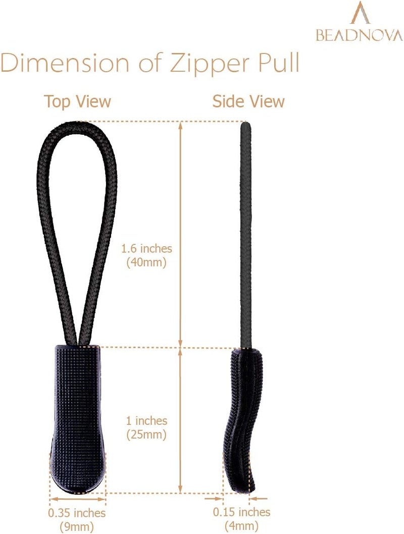BEADNOVA BEADNOVA Durable Zipper Pull Zip Tab Zipper Tag Cord Pull Extension for Handbag Purse Backpack Jacket Bags Coat Boots Black 10 PCS - Image 2
