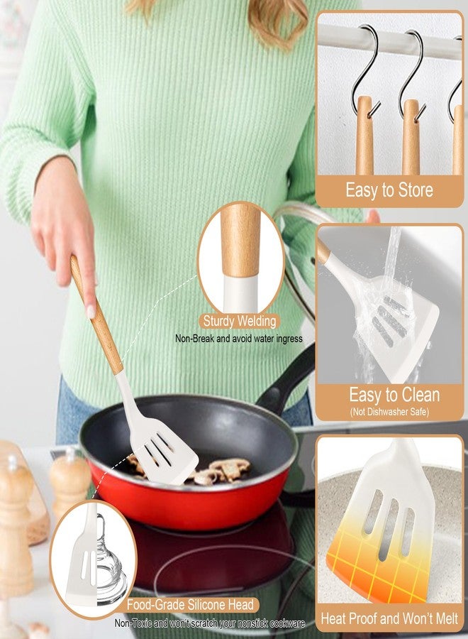 تيم فار مجموعة أدوات طهي من تيم فار، 12 قطعة من أدوات المطبخ المصنوعة من السيليكون، مناسبة لأواني الطهي غير اللاصقة، بمقبض خشبي، ملعقة مسطحة، ملعقة تقليب، غير سامة وغير لاصقة، لون أبيض - Image 3