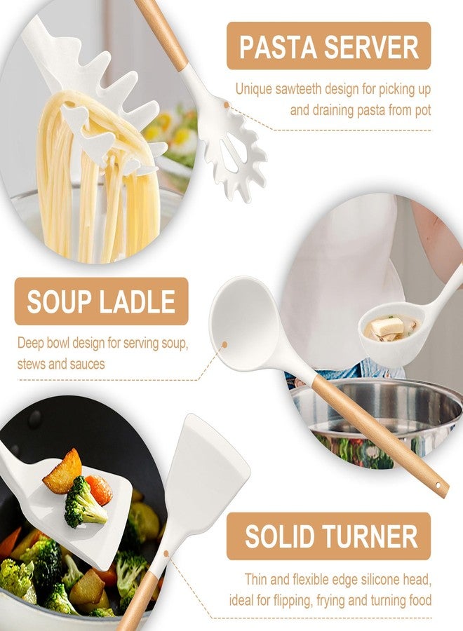 تيم فار مجموعة أدوات طهي من تيم فار، 12 قطعة من أدوات المطبخ المصنوعة من السيليكون، مناسبة لأواني الطهي غير اللاصقة، بمقبض خشبي، ملعقة مسطحة، ملعقة تقليب، غير سامة وغير لاصقة، لون أبيض - Image 4