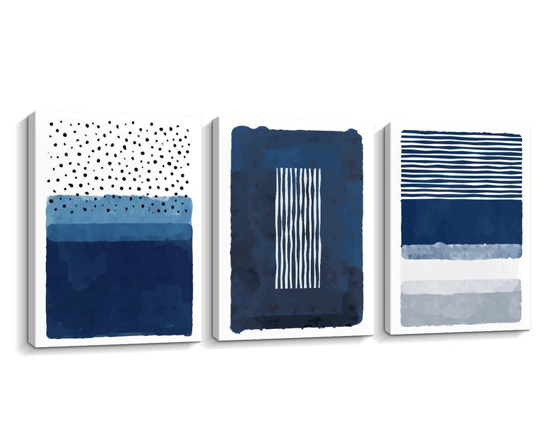 Creoate Blue Canavs Wall Art for Living Room Decor 3 Pieces Abstract Blue and White Painting Canvas Print Framed Artwork Set for Bedroom Decor Navy Blue Canvas Wall Decor Ready to Hang 12x16 Inch