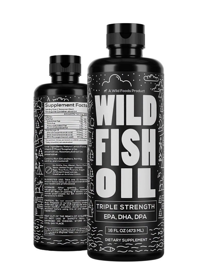 Wild Foods - Liquid Fish Oil Omega 3 Supplement ; Dpa Dha & Epa Wild Menhaden Caught U.S. Processed ; Lemon Flavor & Gluten Free Supplements ; Pure Heart & Joint Nutritional Health For Adults ; 16 Oz. - Image 1