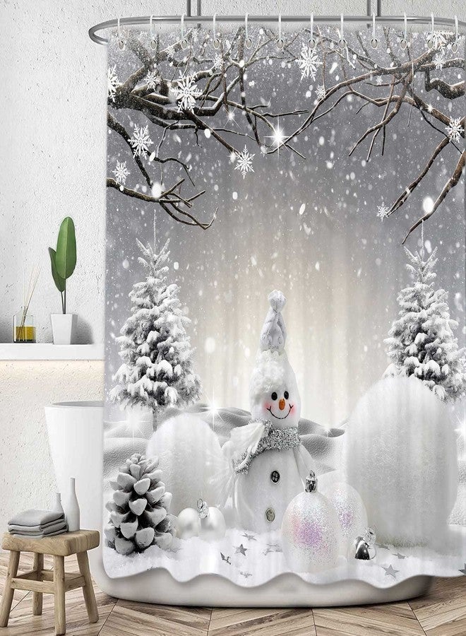 VEIGIKE Christmas Snowman Shower Curtain, Grey Winter Snowflake Holiday Xmas Fabric Shower Curtains Set for Bathroom, Cute Gray Restroom Decor Accessories with Hooks 72X 72 inch - Image 1