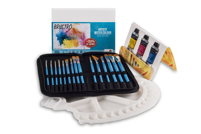 Brustro Artists Watercolor Cotton Paper A5 300 20 Well Palette with Brushes - Set of 15 - Image 1