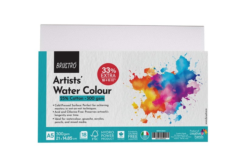 Brustro Artists Watercolor Cotton Paper A5 300 20 Well Palette with Brushes - Set of 15 - Image 2