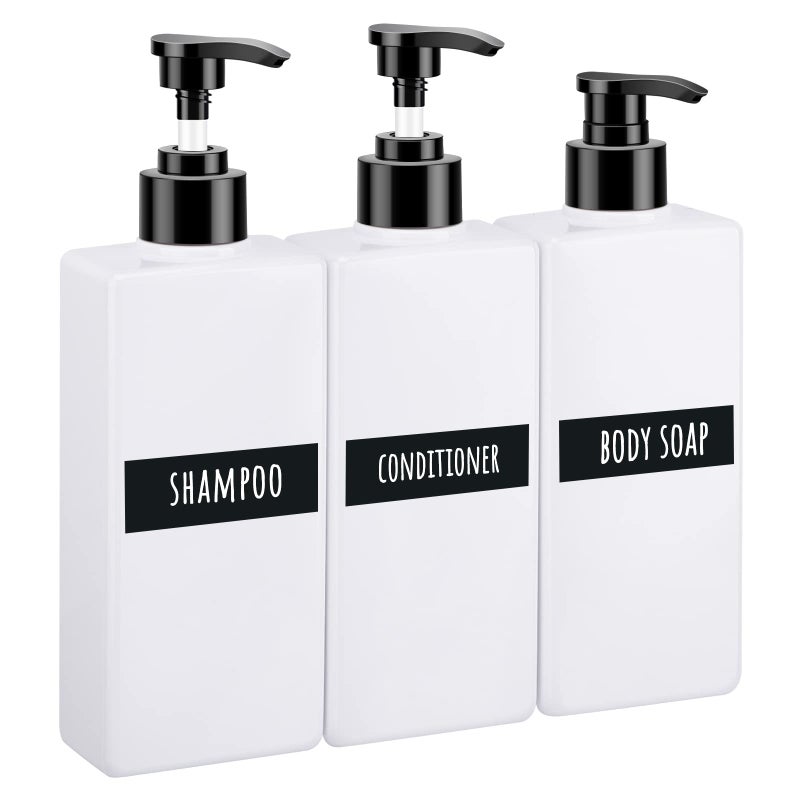 Segbeauty Soap Dispenser Bottle 3pcs 135oz Empty Refillable Press Pump Bottle with Labels 400ml Plastic Lotion Dispenser Shower Containers for Bathroom Hotel Shampoo Conditioner Body Soap White