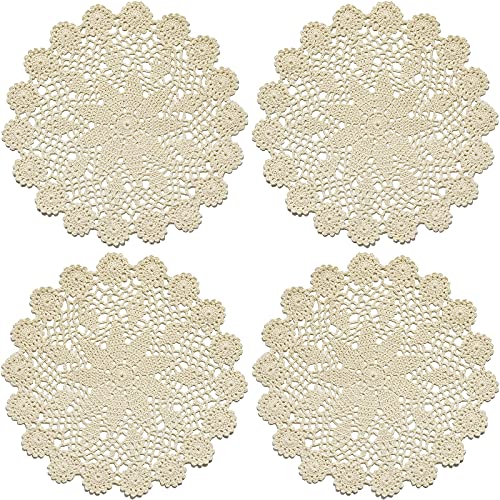 Phantomon 12 Inch Round Doilies Crochet Handmade Lace Placemats 100% Cotton Knitted Coasters, Pack of 4 (Beige) - Image 1