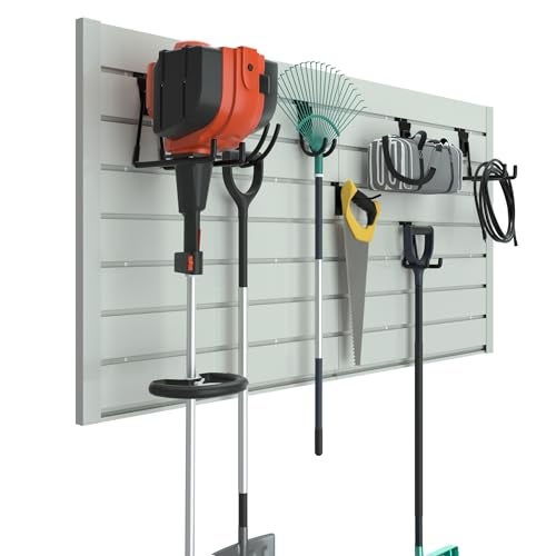 RELIANCER PVC Slat Wall Panels,4ft by 2ft (8 sqft) Garage Wall Organizer Storage System,Interlocking Slatwall Paneling Sheets,Workshop Slatwall Shelves Tools Organization,Wall Mounted Storage Rack - Image 1