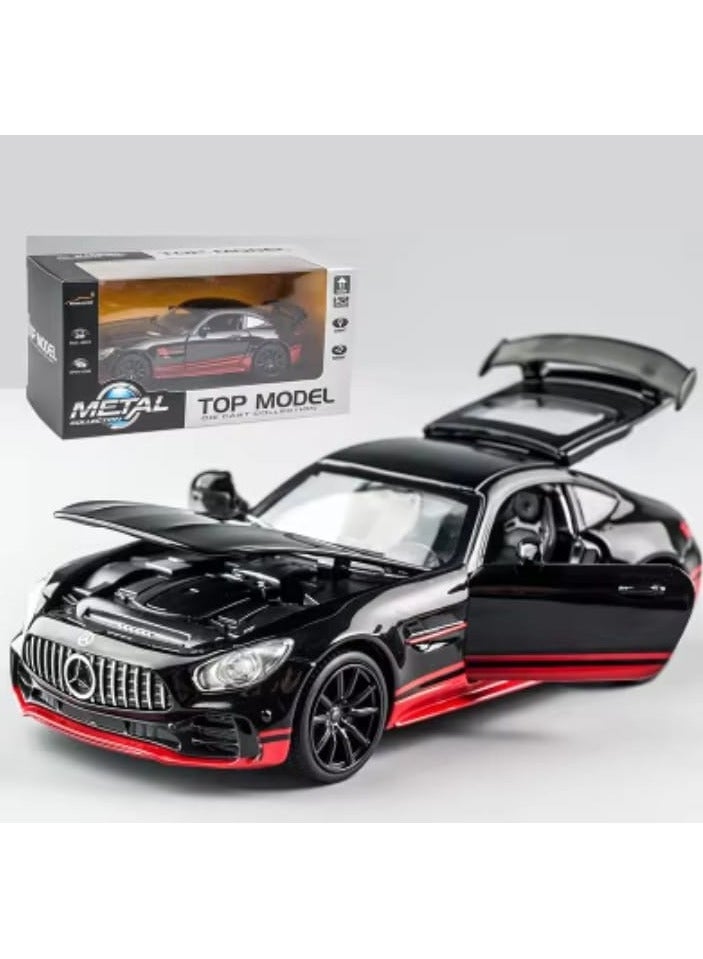 "Elegant metallic Mercedes car (Black/Red) with movable doors, trunk, and hood, emitting realistic sounds with headlight illumination, fast wheels that make it zoom like a rocket, and a length of 16 cm of excitement and fun!"  - Image 1