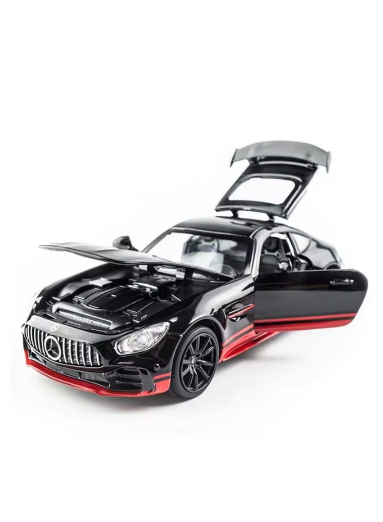 "Elegant metallic Mercedes car (Black/Red) with movable doors, trunk, and hood, emitting realistic sounds with headlight illumination, fast wheels that make it zoom like a rocket, and a length of 16 cm of excitement and fun!"  - Image 2