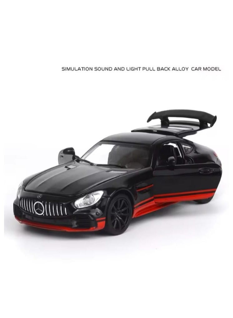 "Elegant metallic Mercedes car (Black/Red) with movable doors, trunk, and hood, emitting realistic sounds with headlight illumination, fast wheels that make it zoom like a rocket, and a length of 16 cm of excitement and fun!"  - Image 3