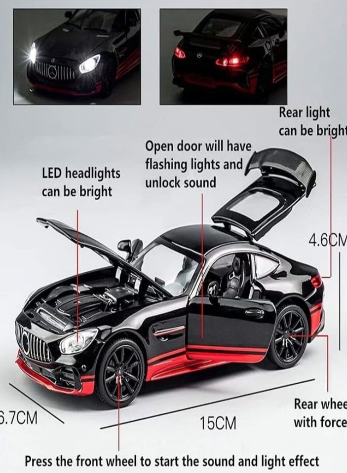 "Elegant metallic Mercedes car (Black/Red) with movable doors, trunk, and hood, emitting realistic sounds with headlight illumination, fast wheels that make it zoom like a rocket, and a length of 16 cm of excitement and fun!"  - Image 4