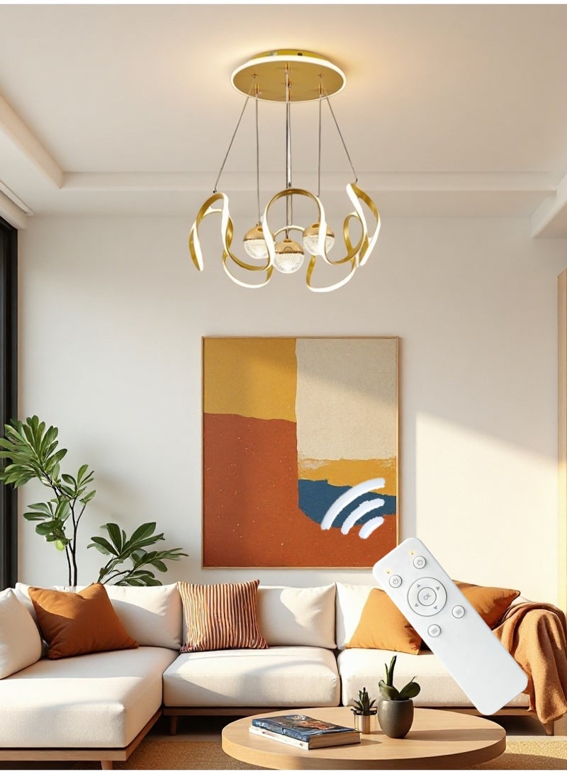 A modern LED pendant light with wavy light strips and three light spheres. It offers three adjustable lighting colors, adjustable height, remote control/switch control. Suitable for bedrooms, living rooms, above dining tables. 60W, golden - Image 1
