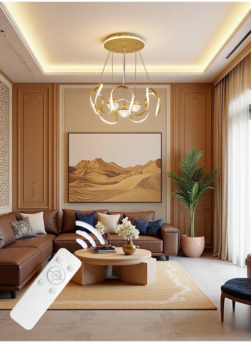 A modern LED pendant light with wavy light strips and three light spheres. It offers three adjustable lighting colors, adjustable height, remote control/switch control. Suitable for bedrooms, living rooms, above dining tables. 60W, golden - Image 5