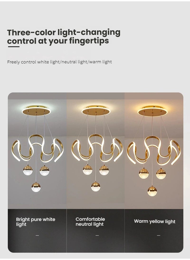 A modern LED pendant light with wavy light strips and three light spheres. It offers three adjustable lighting colors, adjustable height, remote control/switch control. Suitable for bedrooms, living rooms, above dining tables. 60W, golden - Image 2