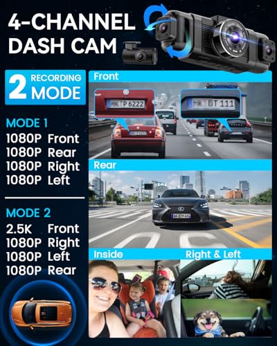 IIWEY N5 4 Channel Dash Cam 360° View, 1080P Front and Rear Inside, Left Right Dash Camera for Cars, 8 IR Lamps Night Vision, 5G WiFi & APP Control, G-Sensor, Parking Mode, with a Free 128GB SD Card - Image 3