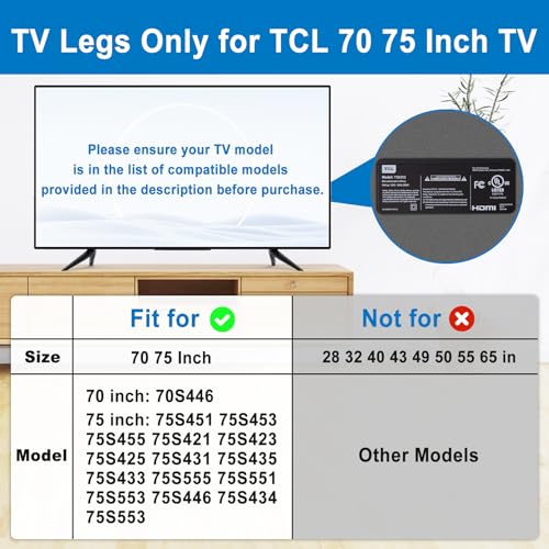 Dinghosen Metal TV Legs for TCL TV Stand Legs 70" 75" 70S446 75S451 75S453 75S455 75S421 75S423 75S425 75S431 75S435 75S433 75S555 75S551 75S553 75S446 75S434, Replacement for Roku TV Stand - Image 2