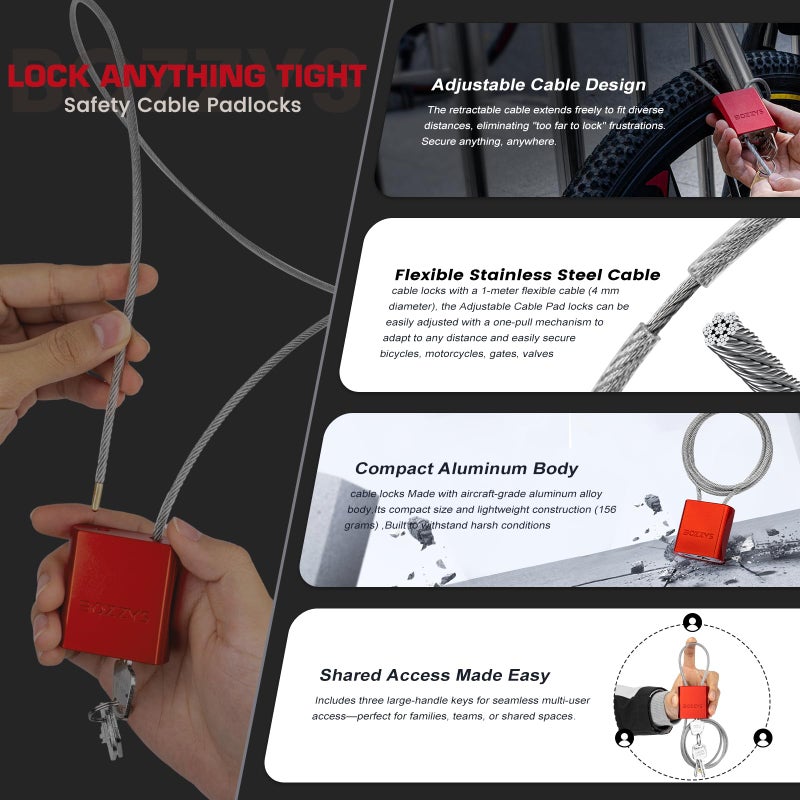 BOZZYS Cable Lock with 3 Keys | L 3.28ft(1m),D 1/6in(4mm) Adjustable Steel Cable Padlock | Aluminum Locks for Bikes, Gate, Lockers & Outdoor Gear | Weatherproof & Red - Image 5